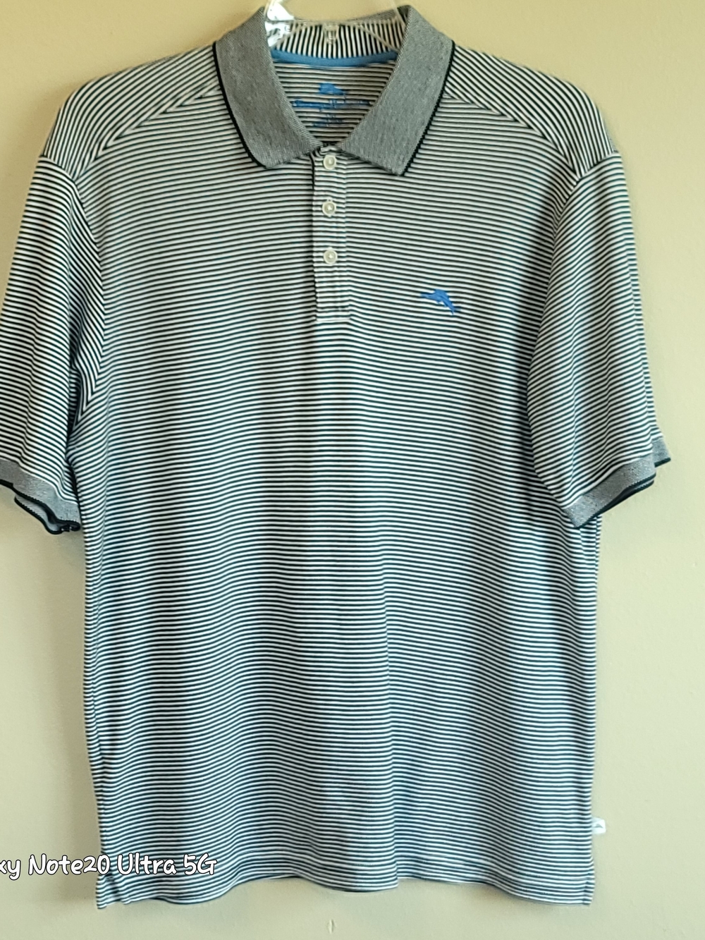 Tommy Bahama Men's Polo Shirt Large L Black White Blue Micro Stripe Marlin